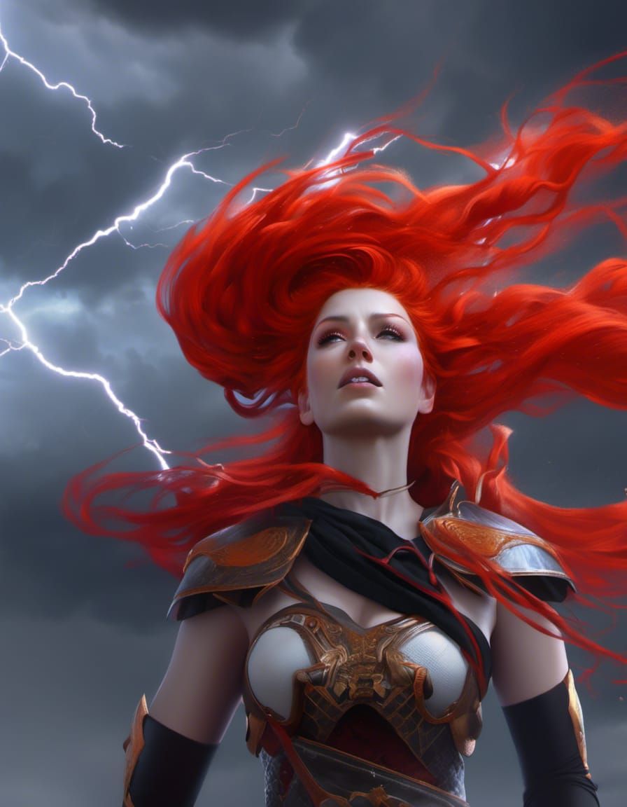 Red-Haired Rider in Storm, Hyperrealistic Concept Art