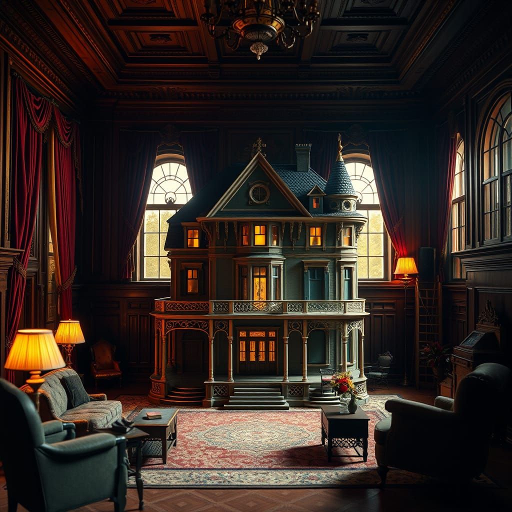 Eerie Victorian Mansion Dollhouse Replica in a Haunting Livi...