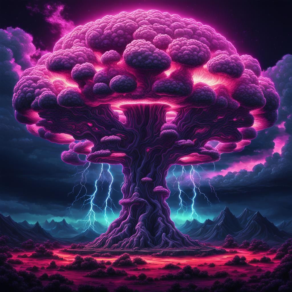Esoteric World Tree Nuclear Cloud in Synthwave Style