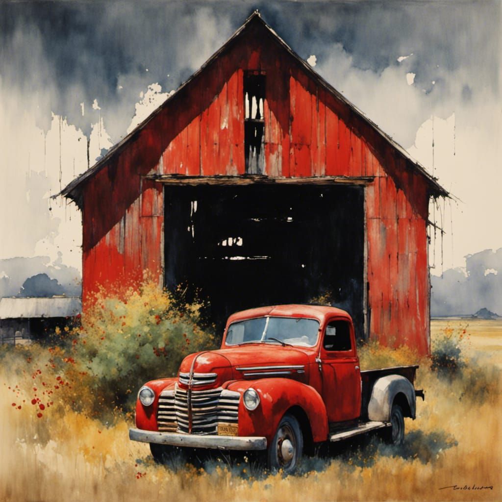 Red Barn with Metal Roof and Old Truck