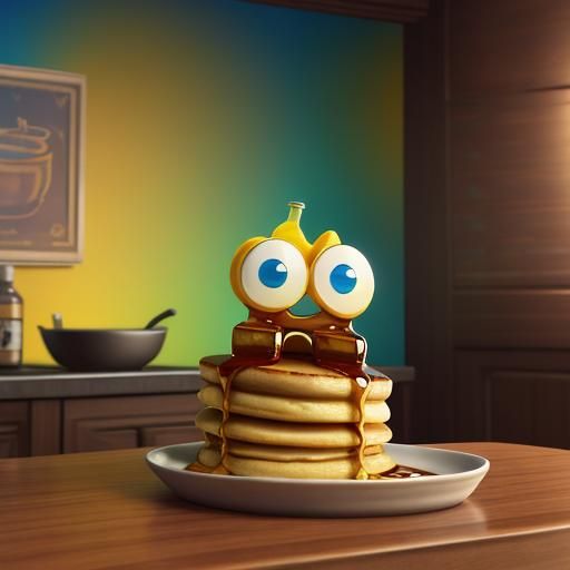 Anthropomorphic Syrup Bottle on Pancakes: 3D Digital Art