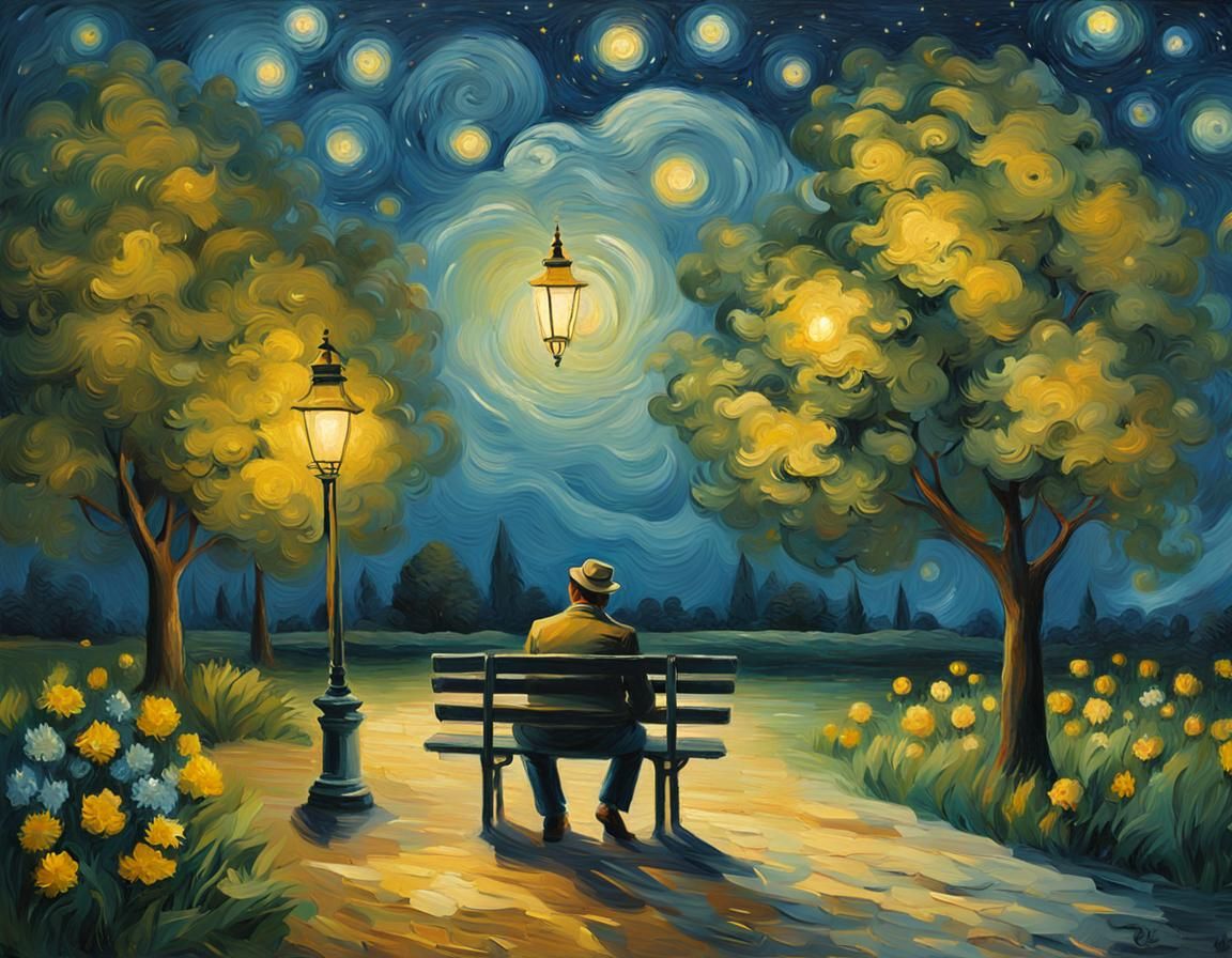 Man on Bench in Park: Impressionist Oil Painting