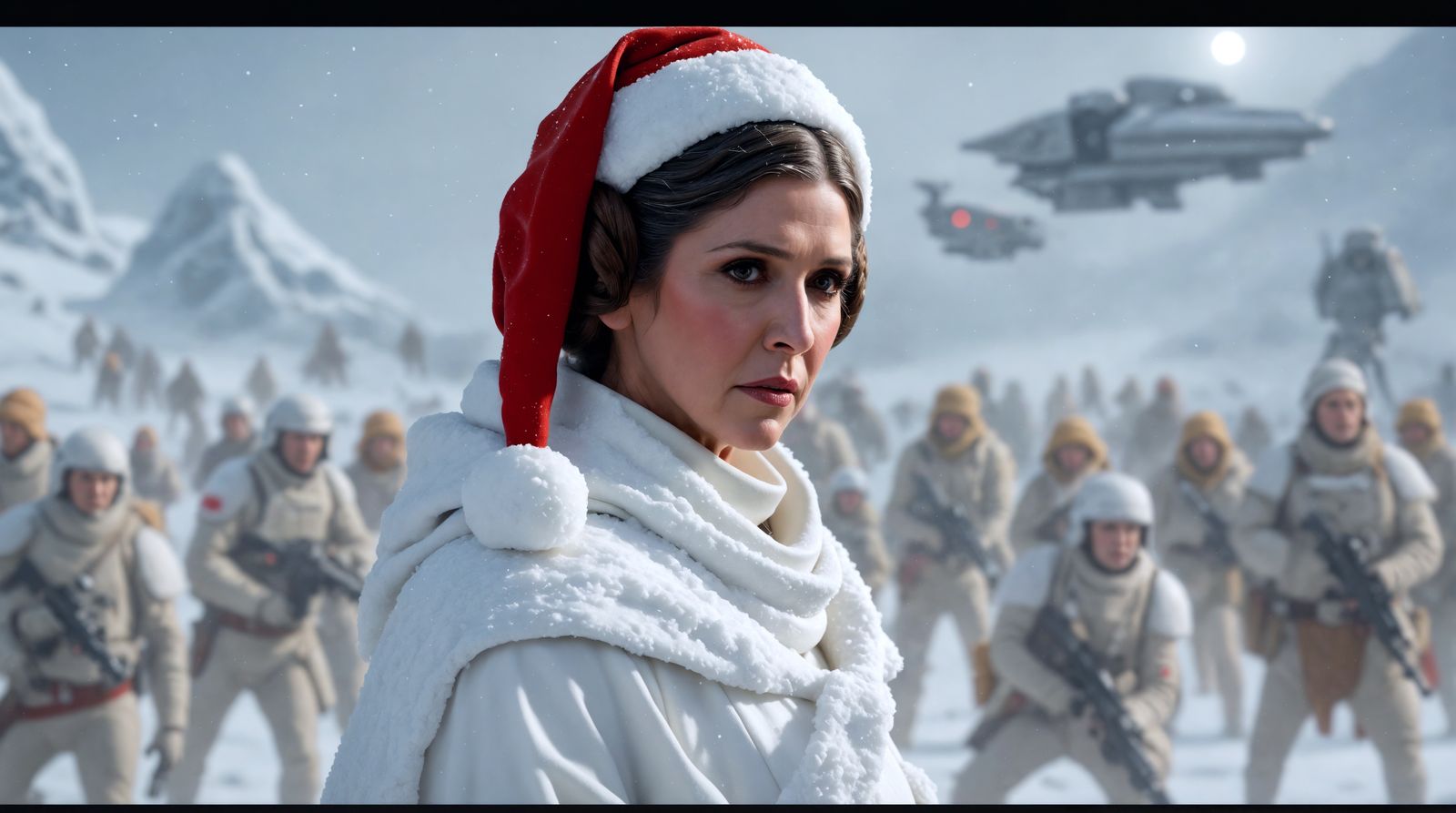 Surreal Cyberpunk Princess Leia Wears Santa Hat on Snowy Bat...