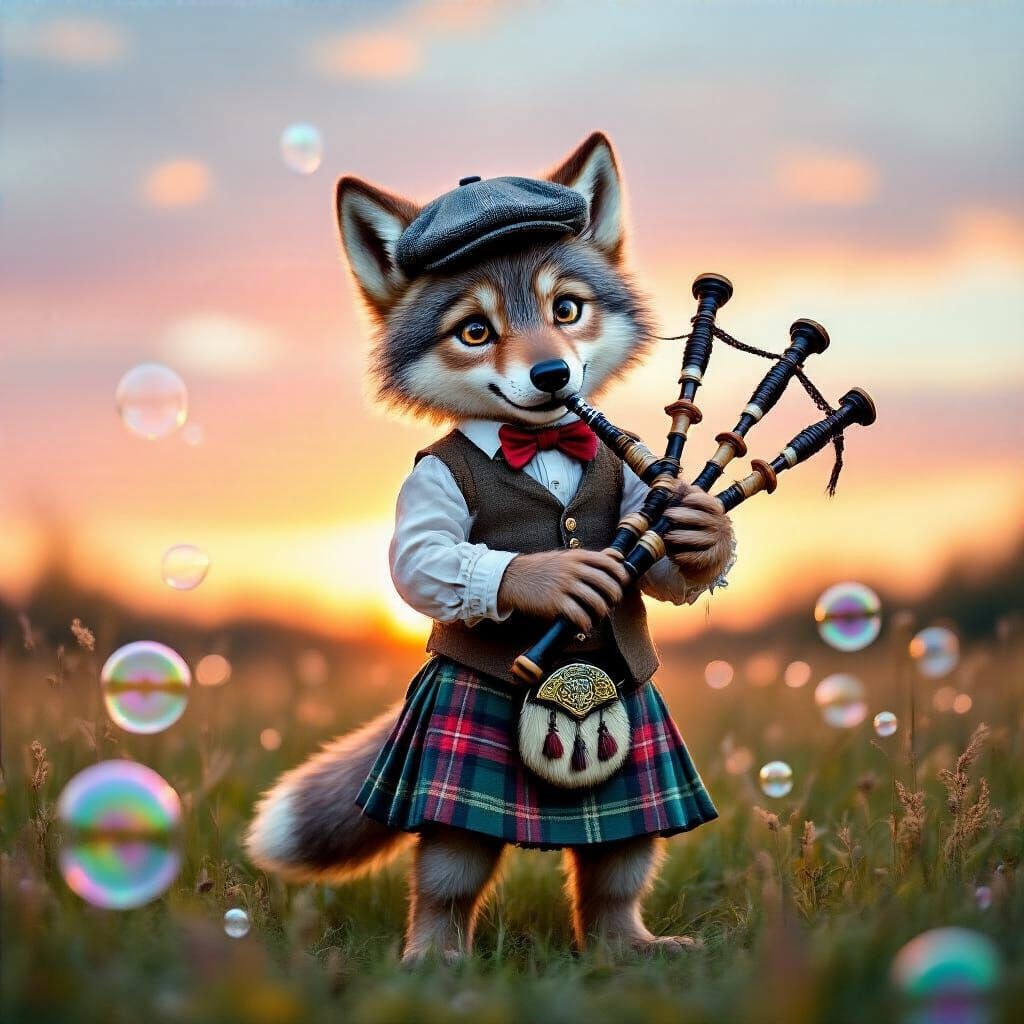 Wolf Cub Piper in Bubble Field, Storybook Style