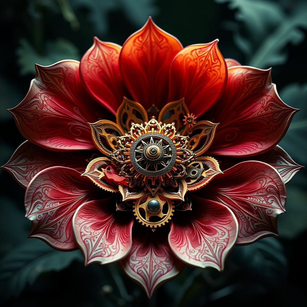 Clockwork Flower in Dark Fantasy Style, Art Nouveau-Inspired...