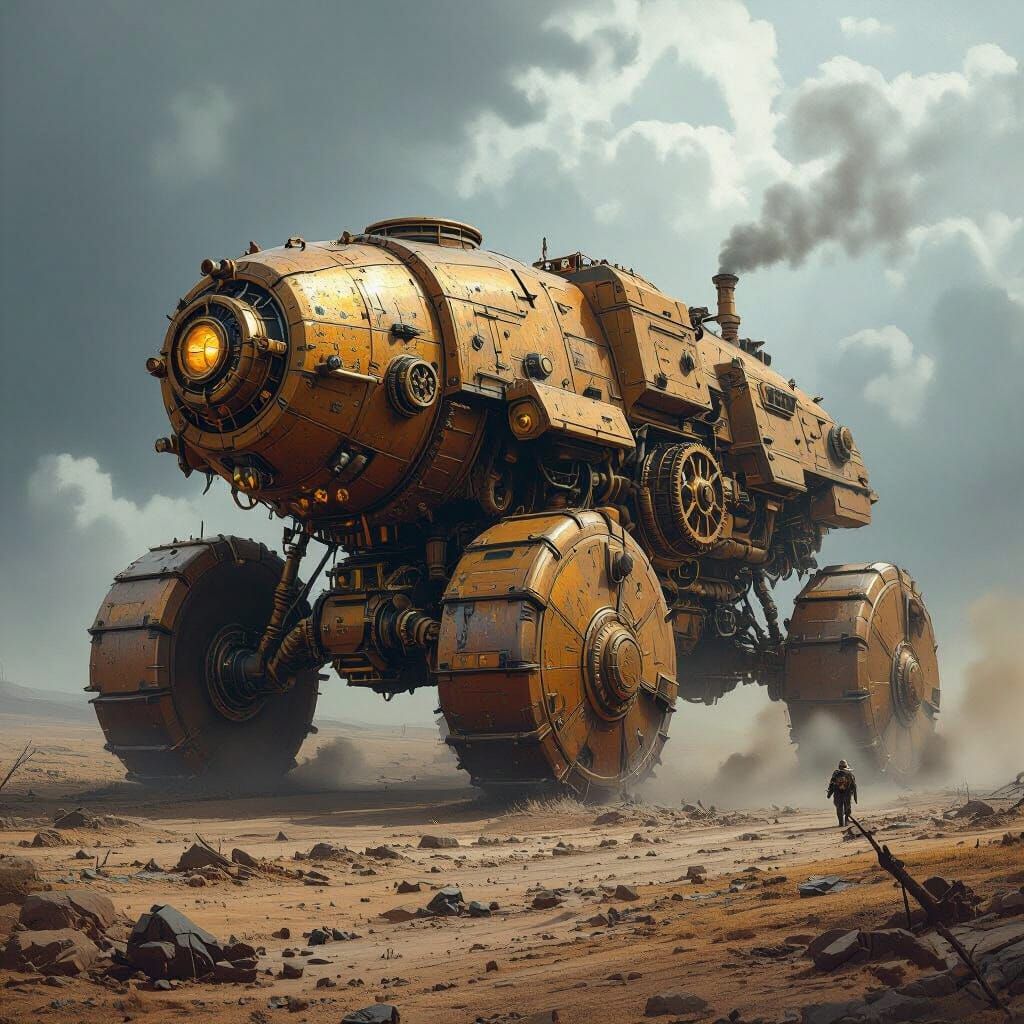 Steampunk War Machine in Desolate Landscape