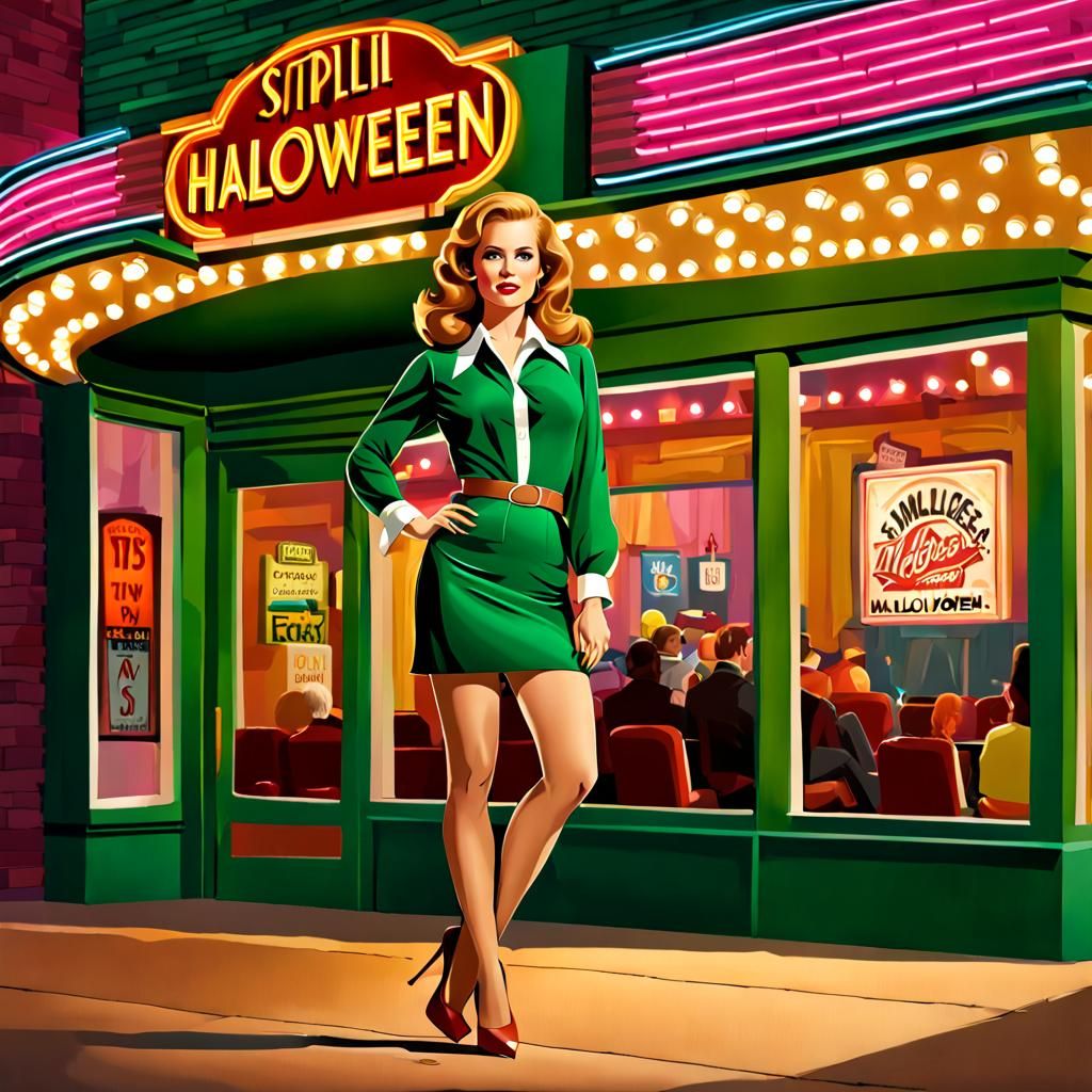 Woman in 1970s Halloween Scene, Pinup Style Art