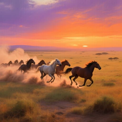 Wild Horses Gallop Towards a Dramatic Sunset