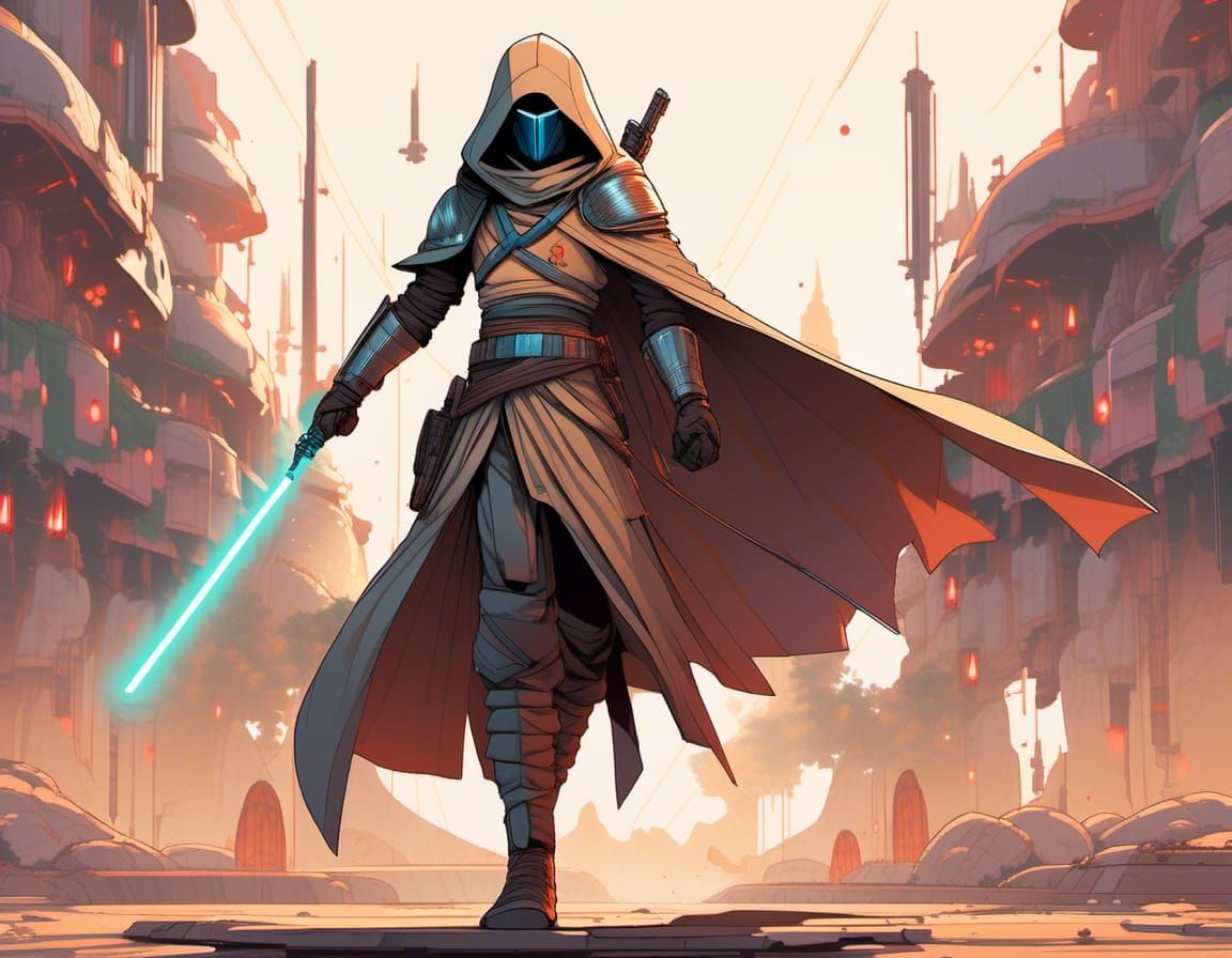 Rogue Jedi wielding a lightsaber with cyan blade