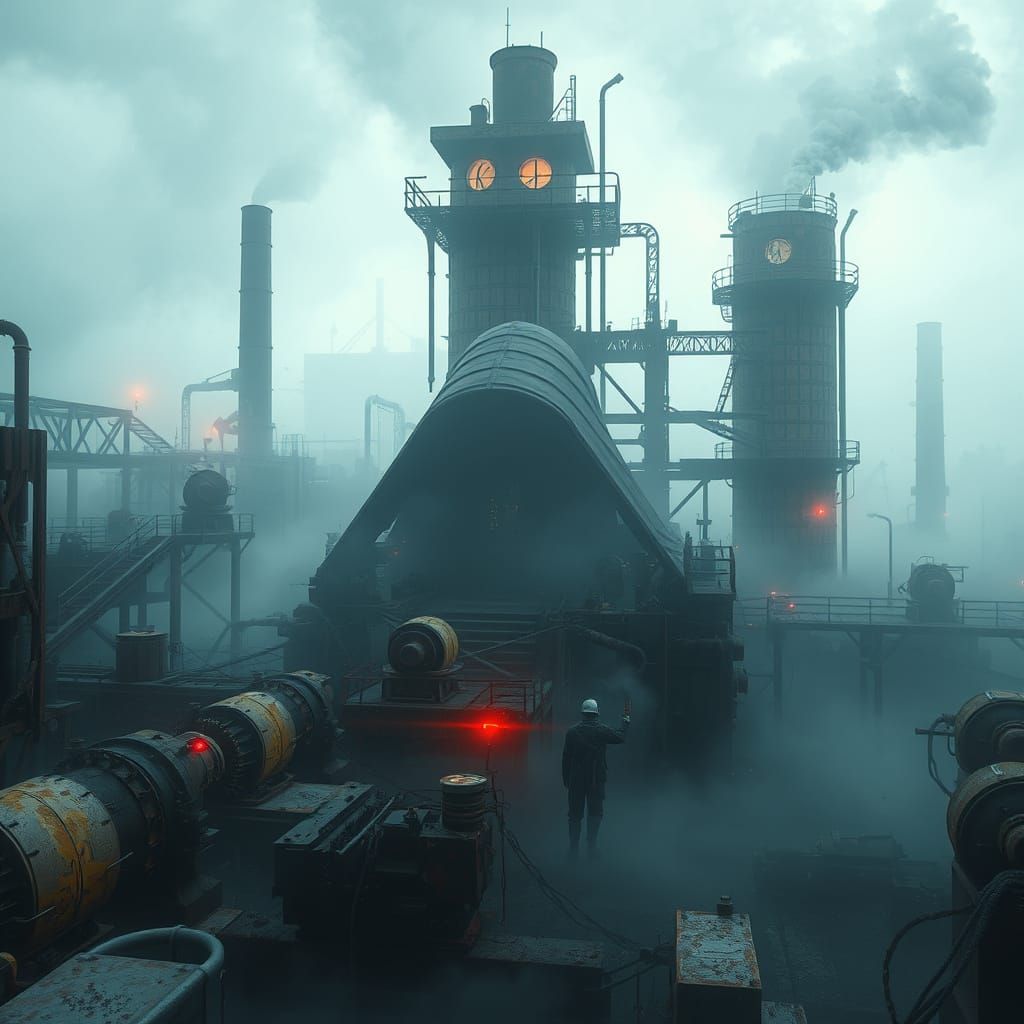 Eerie Industrial Factory in Mist, Digital Portrait