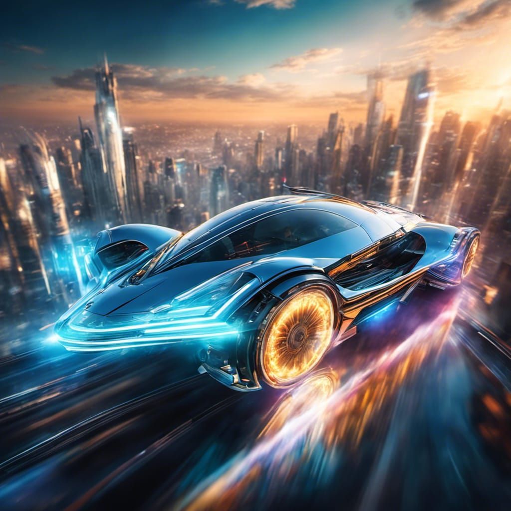 Holographic Flying Car over Cyberpunk Cityscape