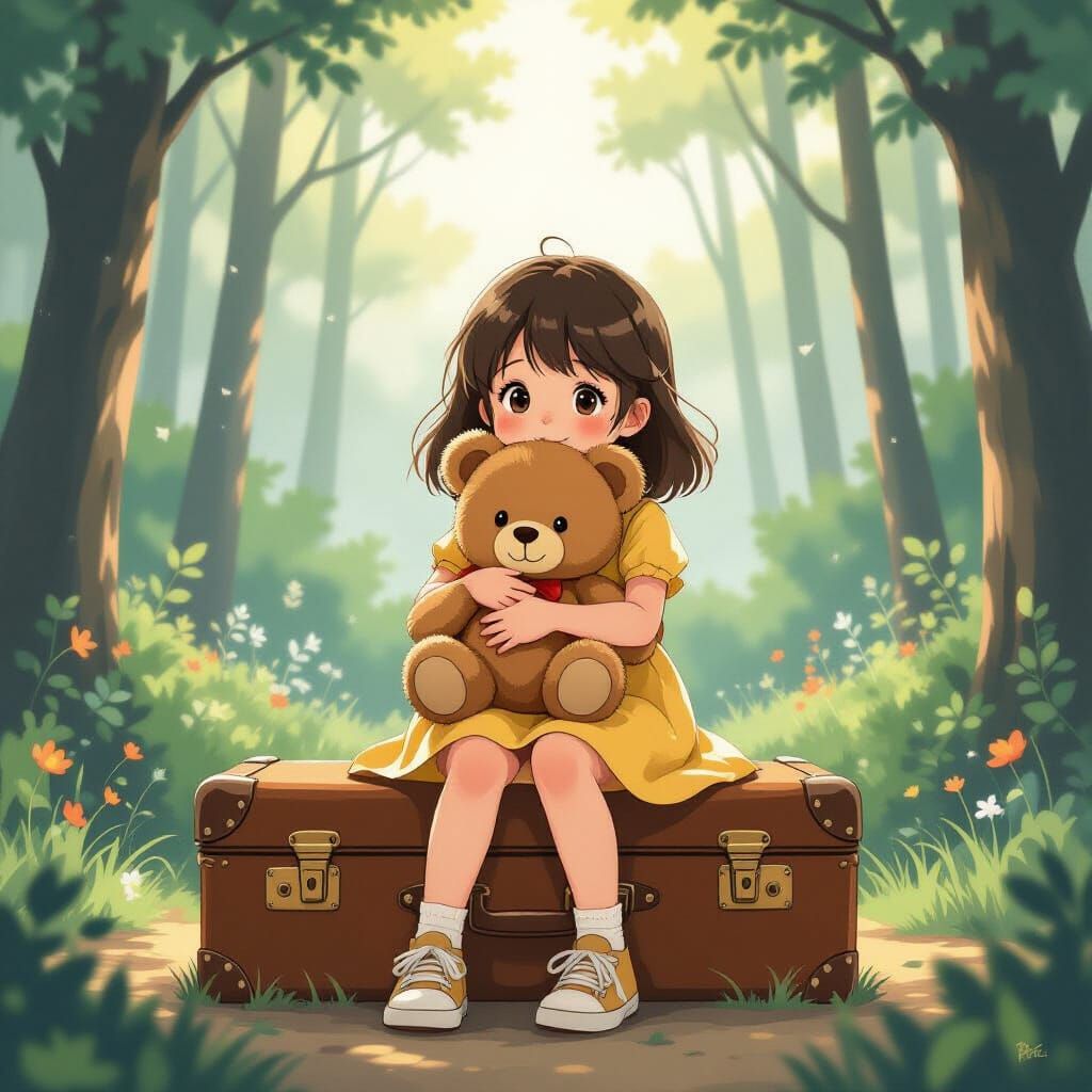 Girl with Teddy Bear in Mystical Forest