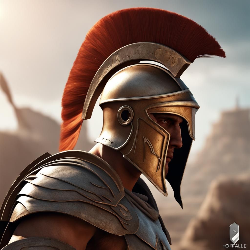 Greek Hoplite with Burned Face, Detailed Matte Painting