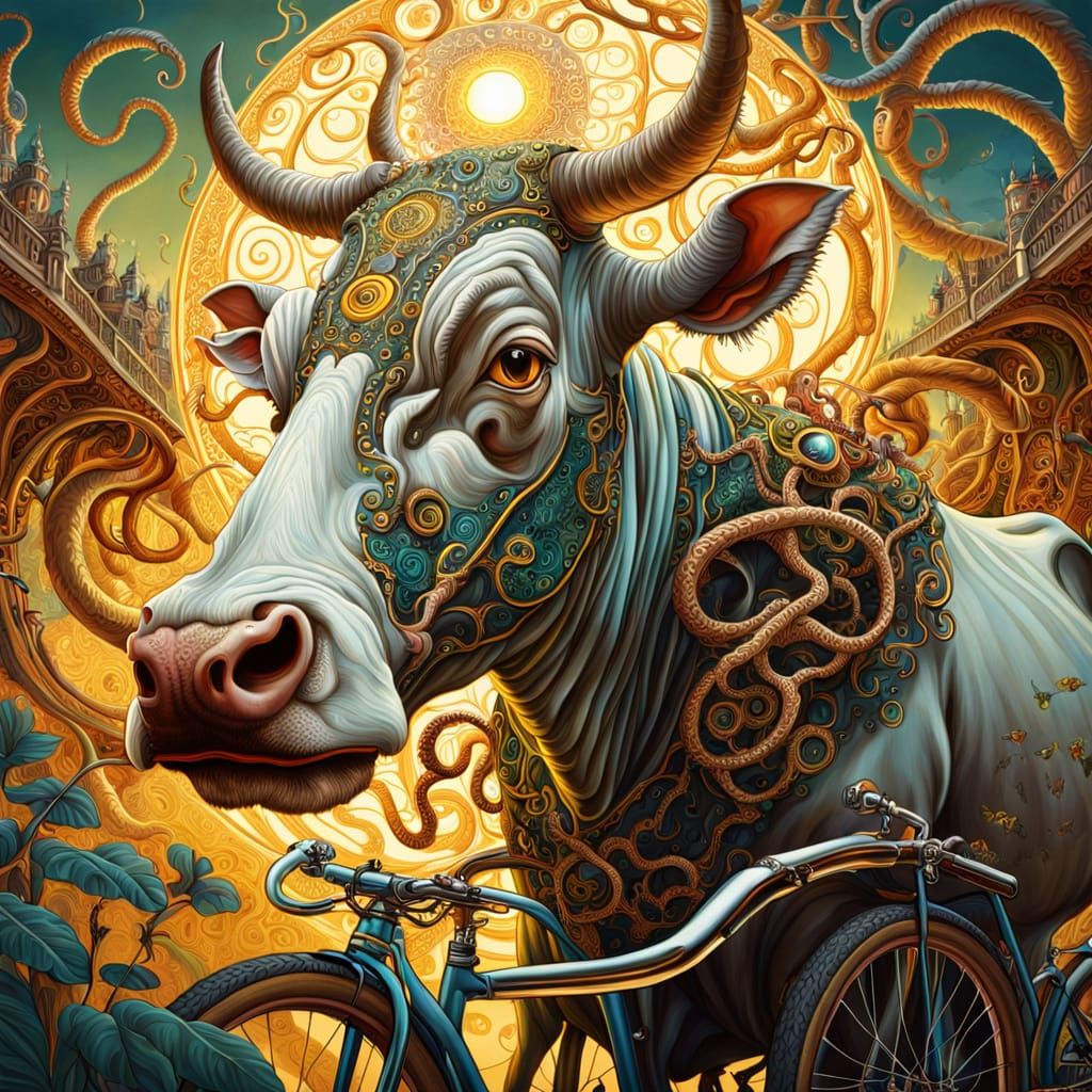 Surreal Cow Cycles: A Dürer-Style Fantasy