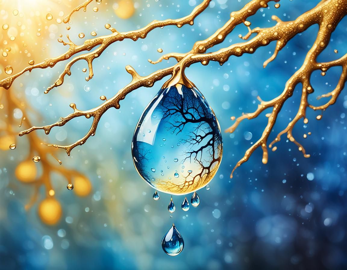 Surreal Blue Drop Falls in Golden Tree Ecoline Ink Masterpie...