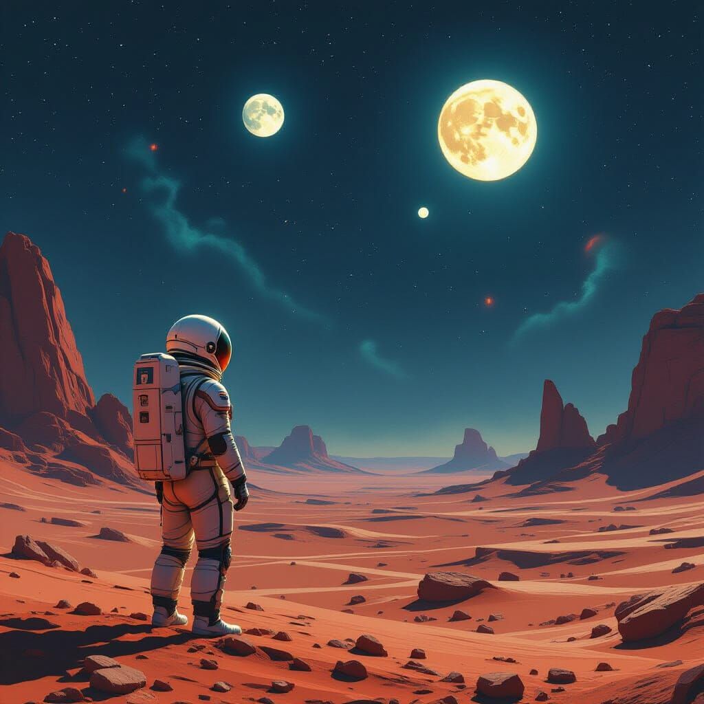 Astronaut on Alien Planet with Nebulae, Matte Painting