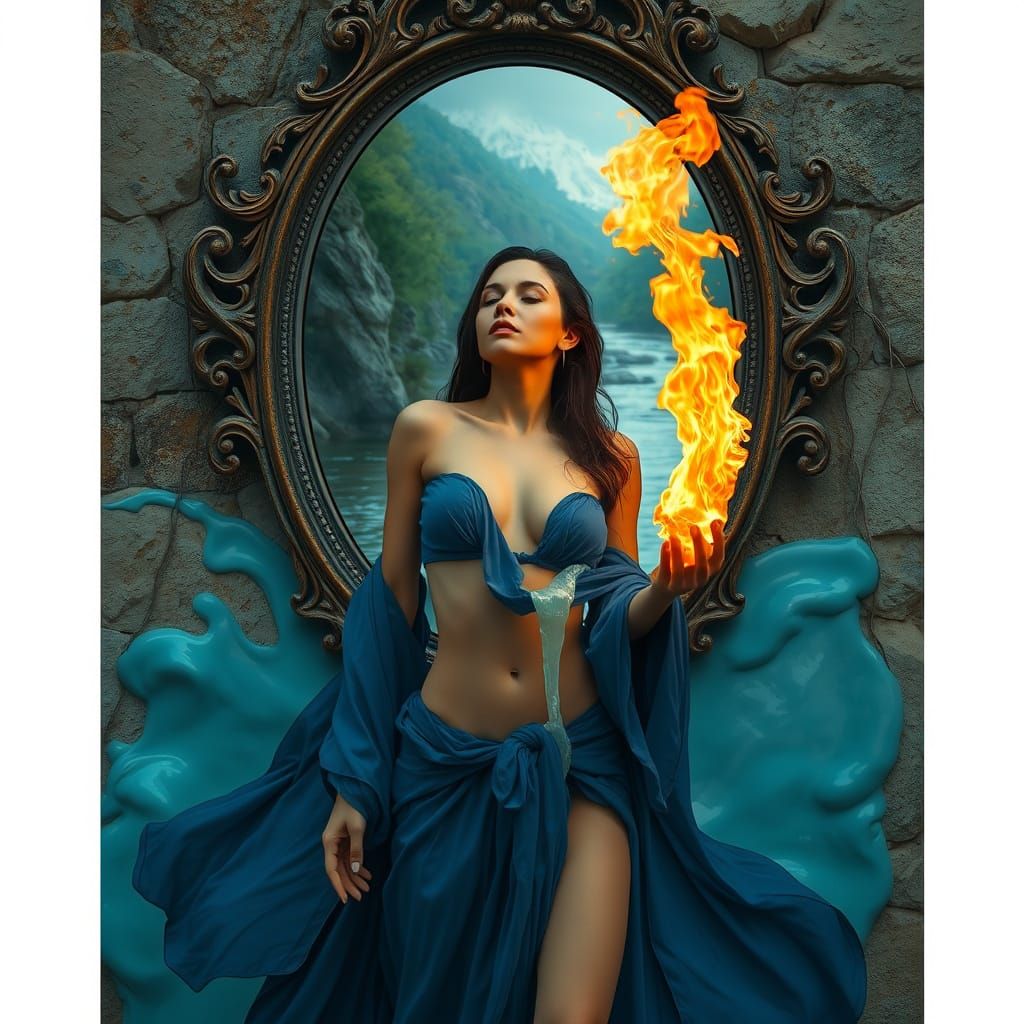Fire Breathing Woman Reflected in Ornate Mirror