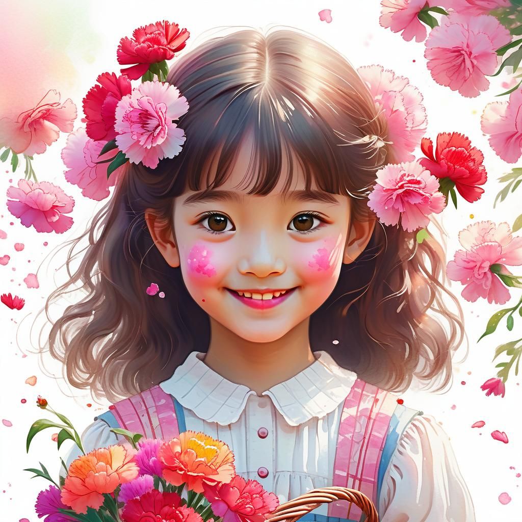 Anime Girl with Carnations in Dreamy Digital Art