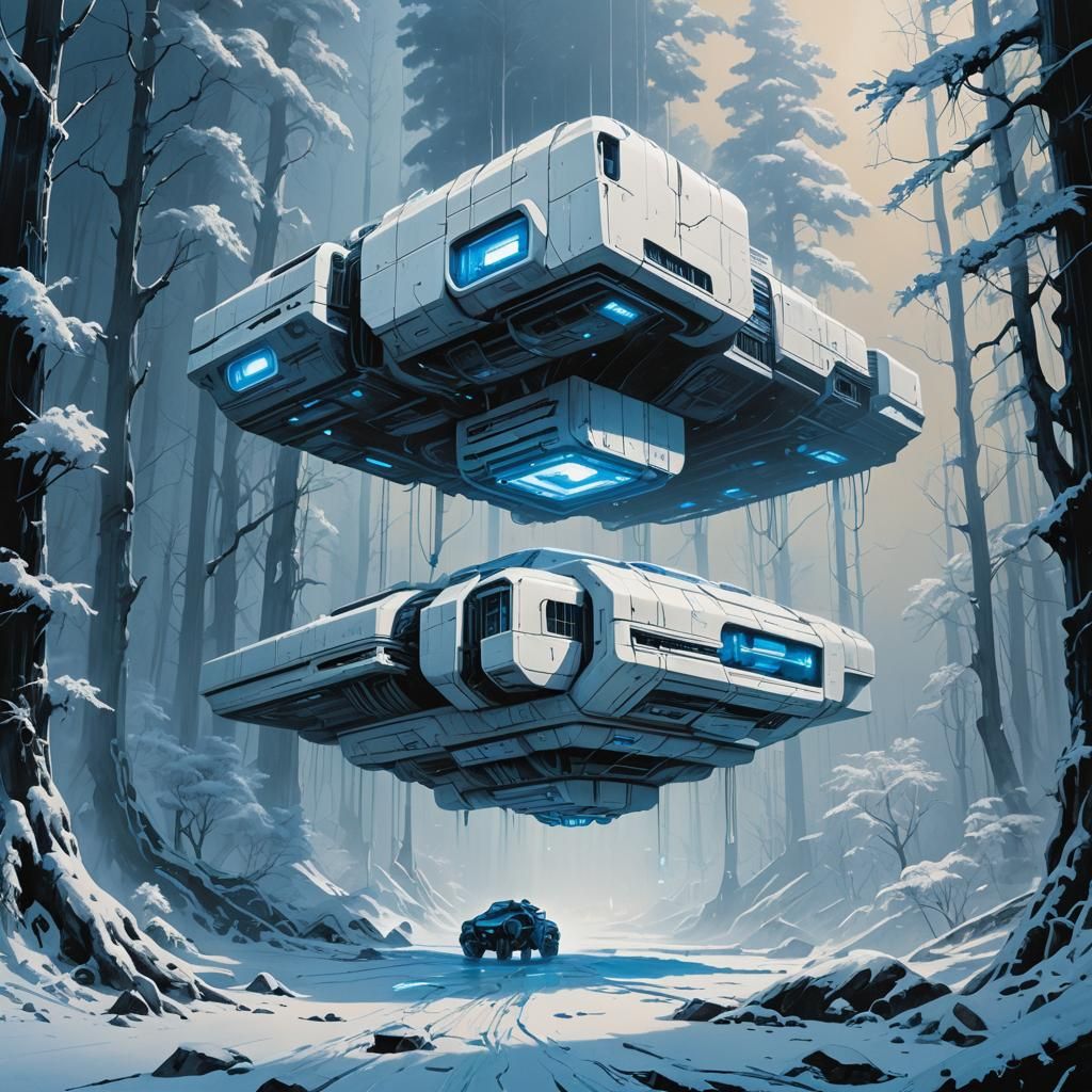 Brutalist Cyberpunk Flying Machine in White Forest