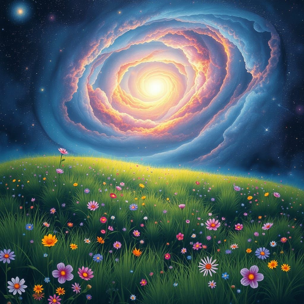 Ethereal Cosmic Meadow in Vibrant Holographic Style