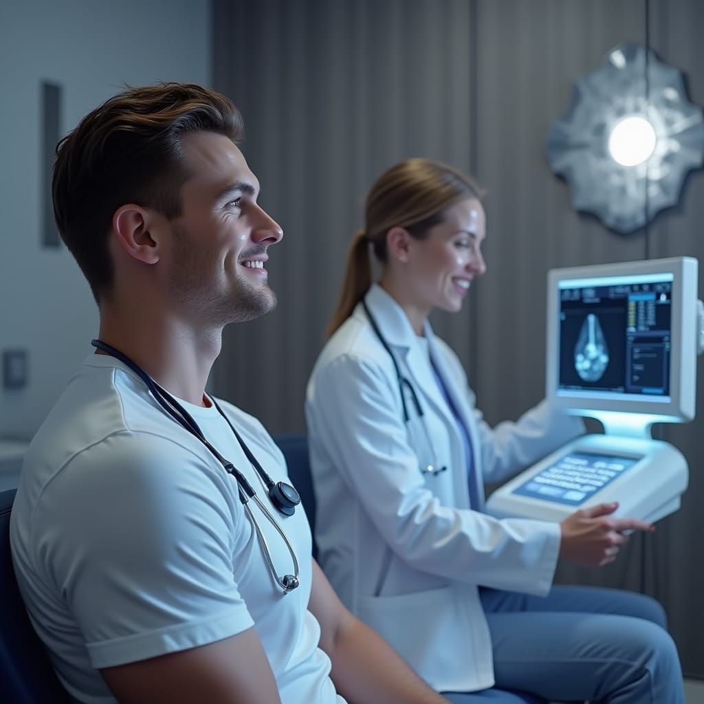 Handsome Man Undergoing Ultrasound in Futuristic Medical Cli...