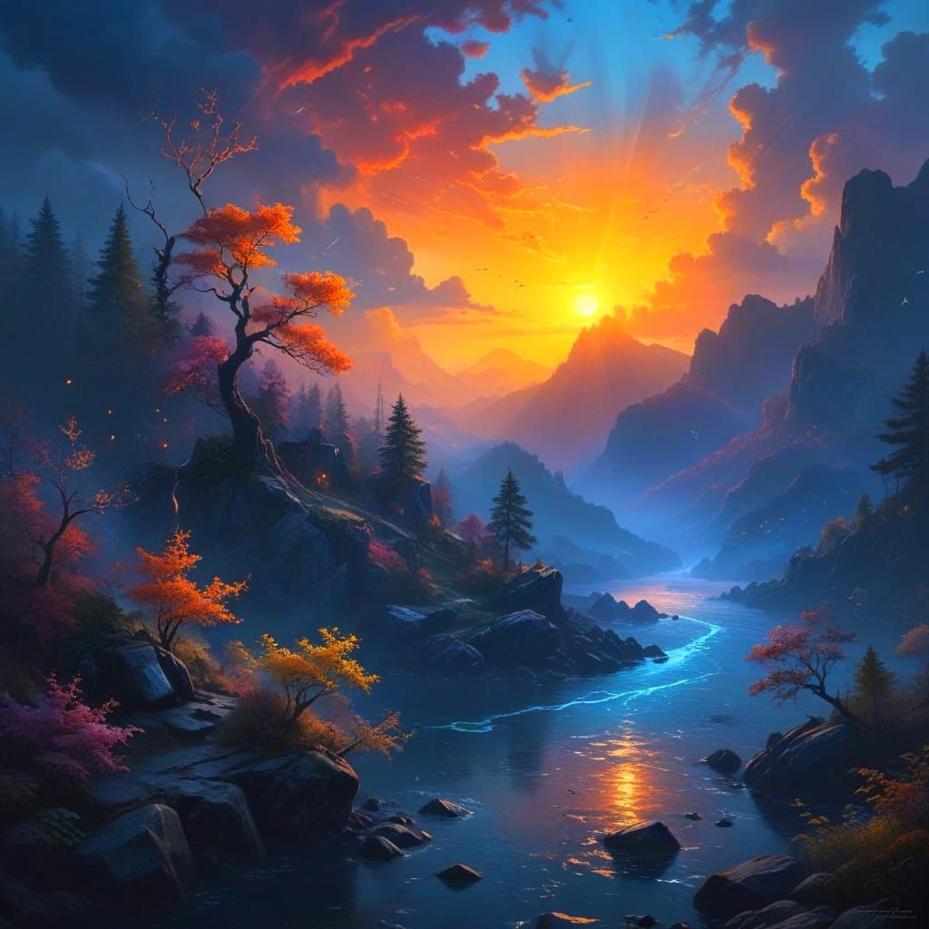 Surreal Landscape at Dusk in Triadic Colors