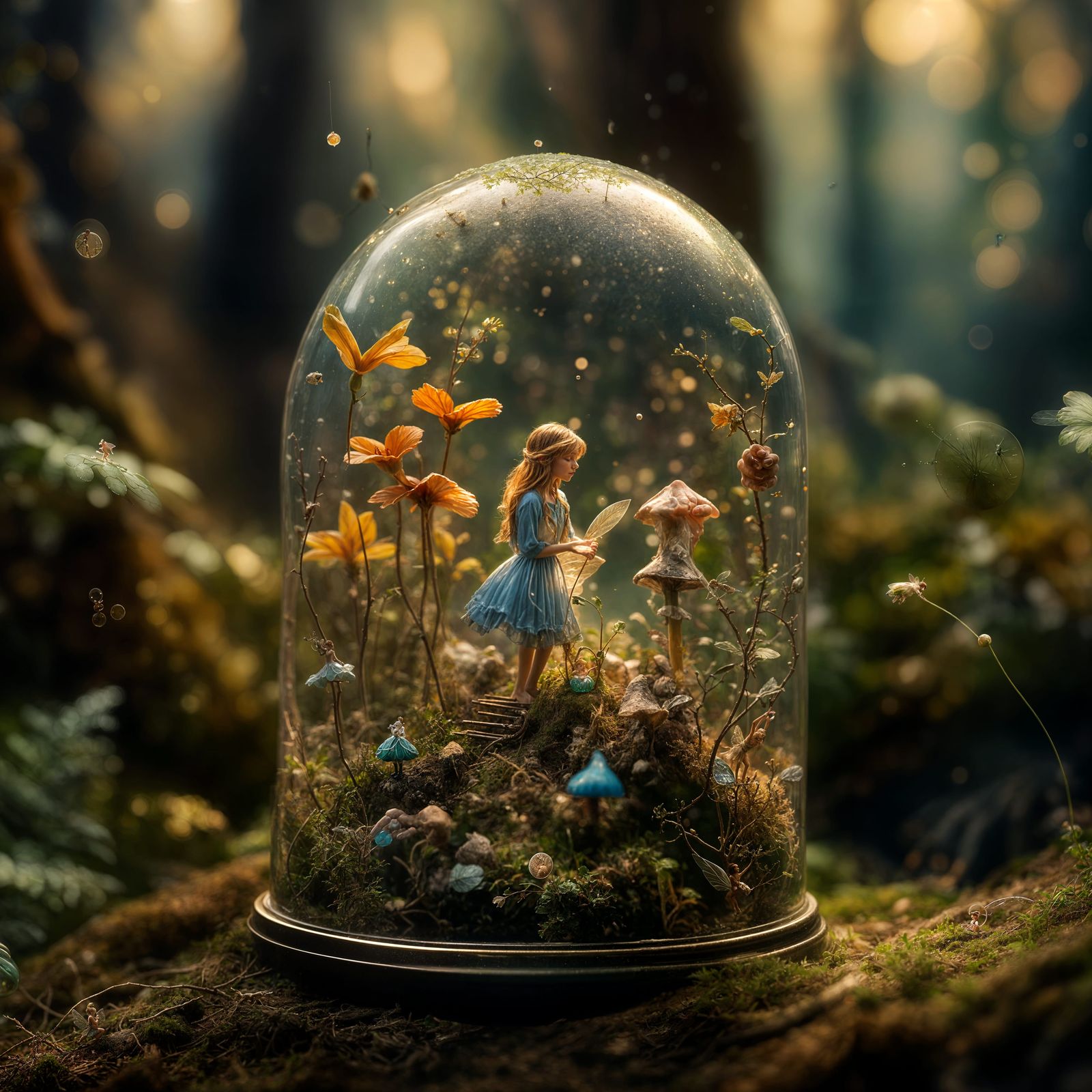 Fairy in Glass Capsule in Enchanted Forest
