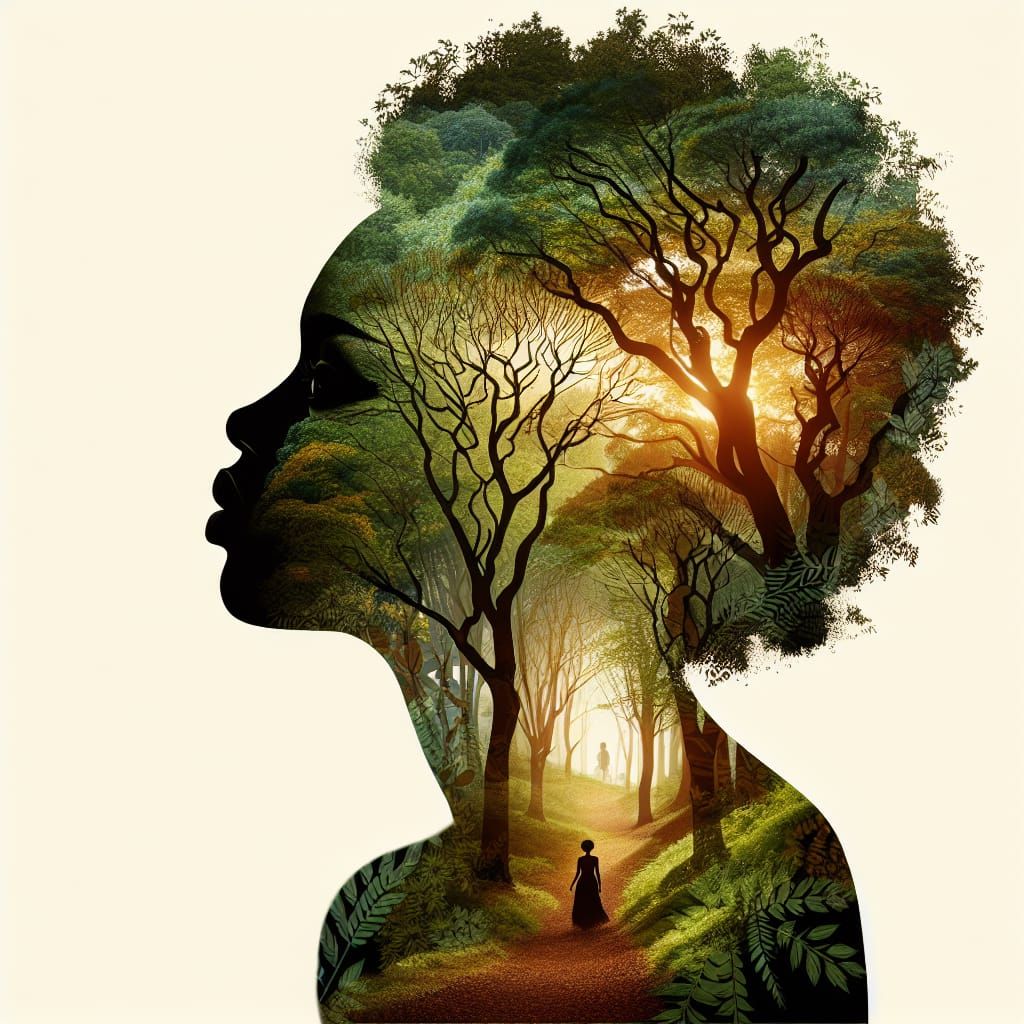 Double Exposure: Woman and Forest in Twilight