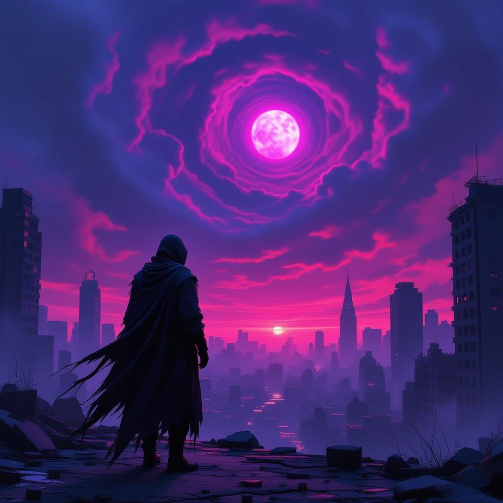 Crumbling Neon Cityscape with Lone Figure