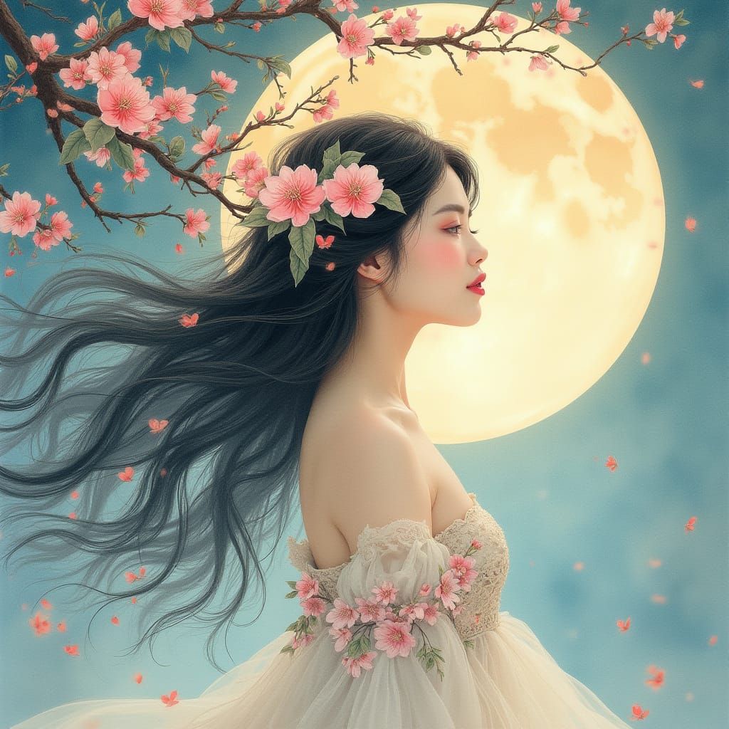Ethereal Woman with Plum Blossoms Under Moon