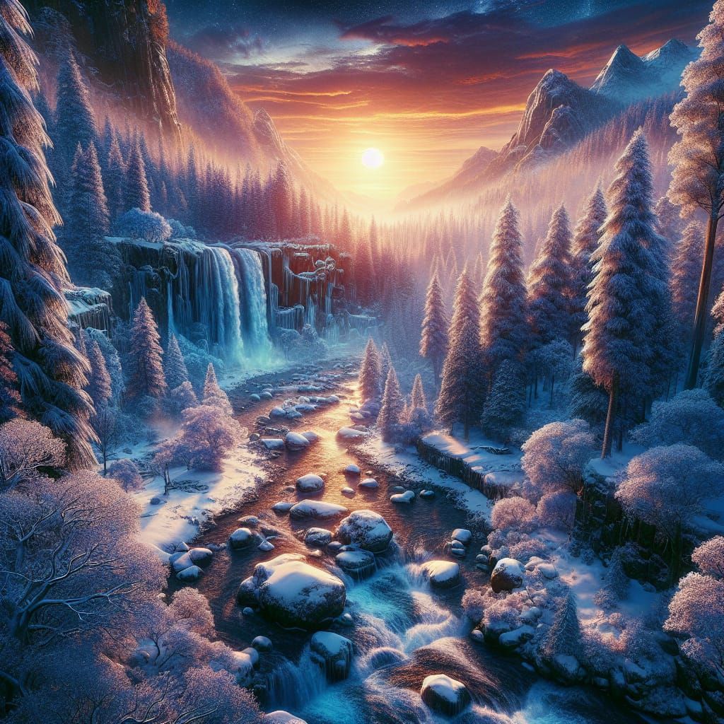 Frozen Waterfall in Snowy Woods at Sunset