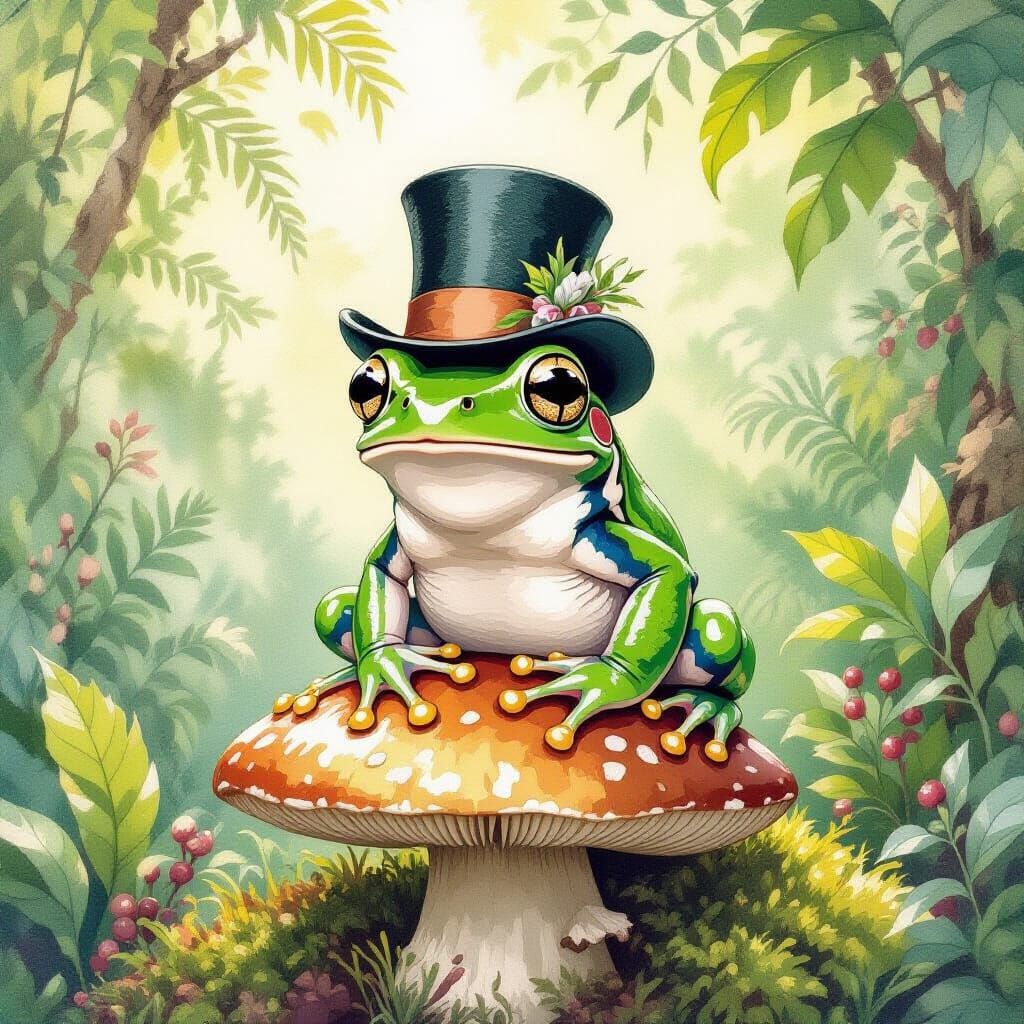 Frog in Top Hat in Watercolor Rainforest