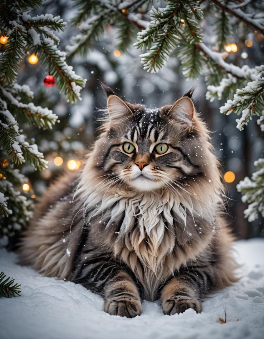 Fluffy Cat in Snowy Christmas Night Scene