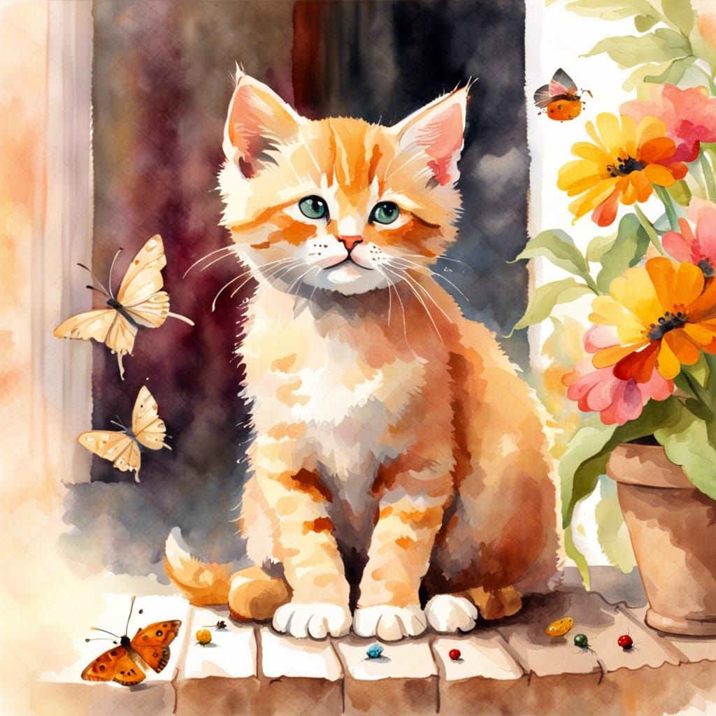 Ginger Kitten on Floral Porch, Watercolor Style