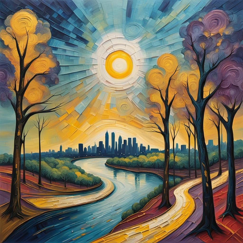 Vibrant Cityscape with Abstract Trees and River