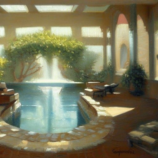 Serene Spa Scene in Oil Painting Style