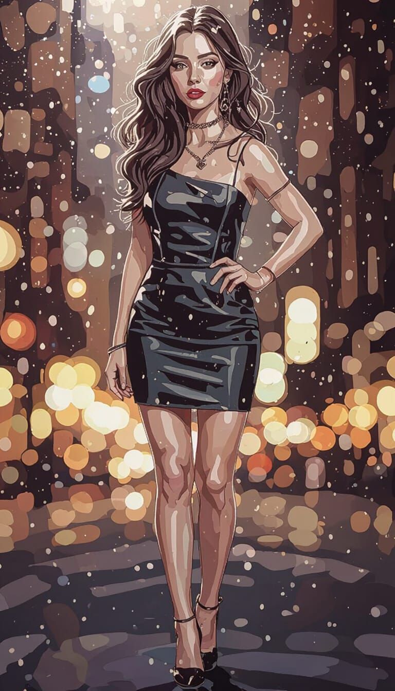 Woman Swimming in City Lights, Watercolor Sketch Art