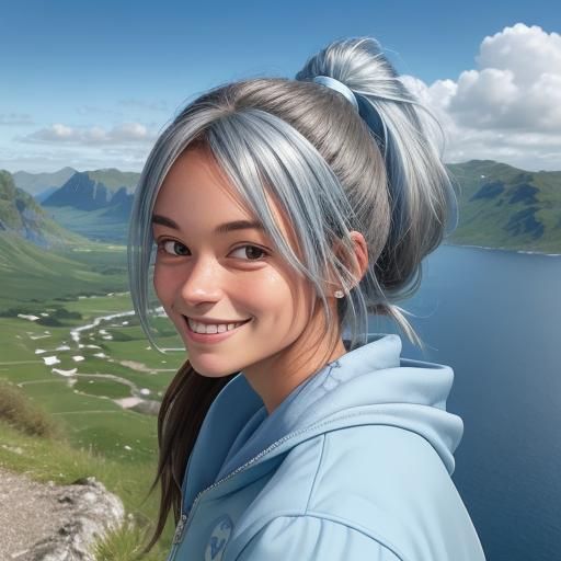 Smiling Brunette in Tracksuit with Scenic Landscape