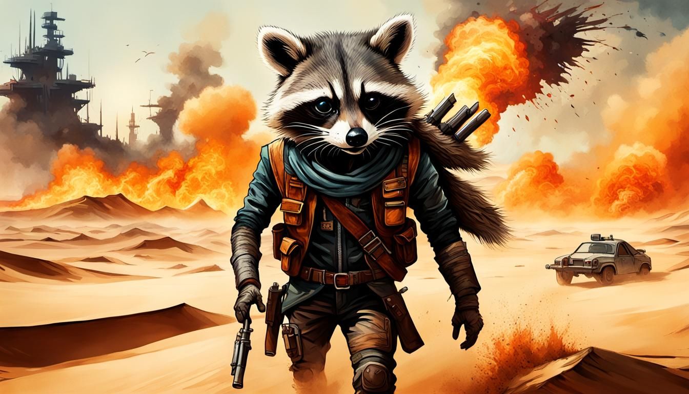 Raccoon in Dystopian Battle Gear, Bosch Style