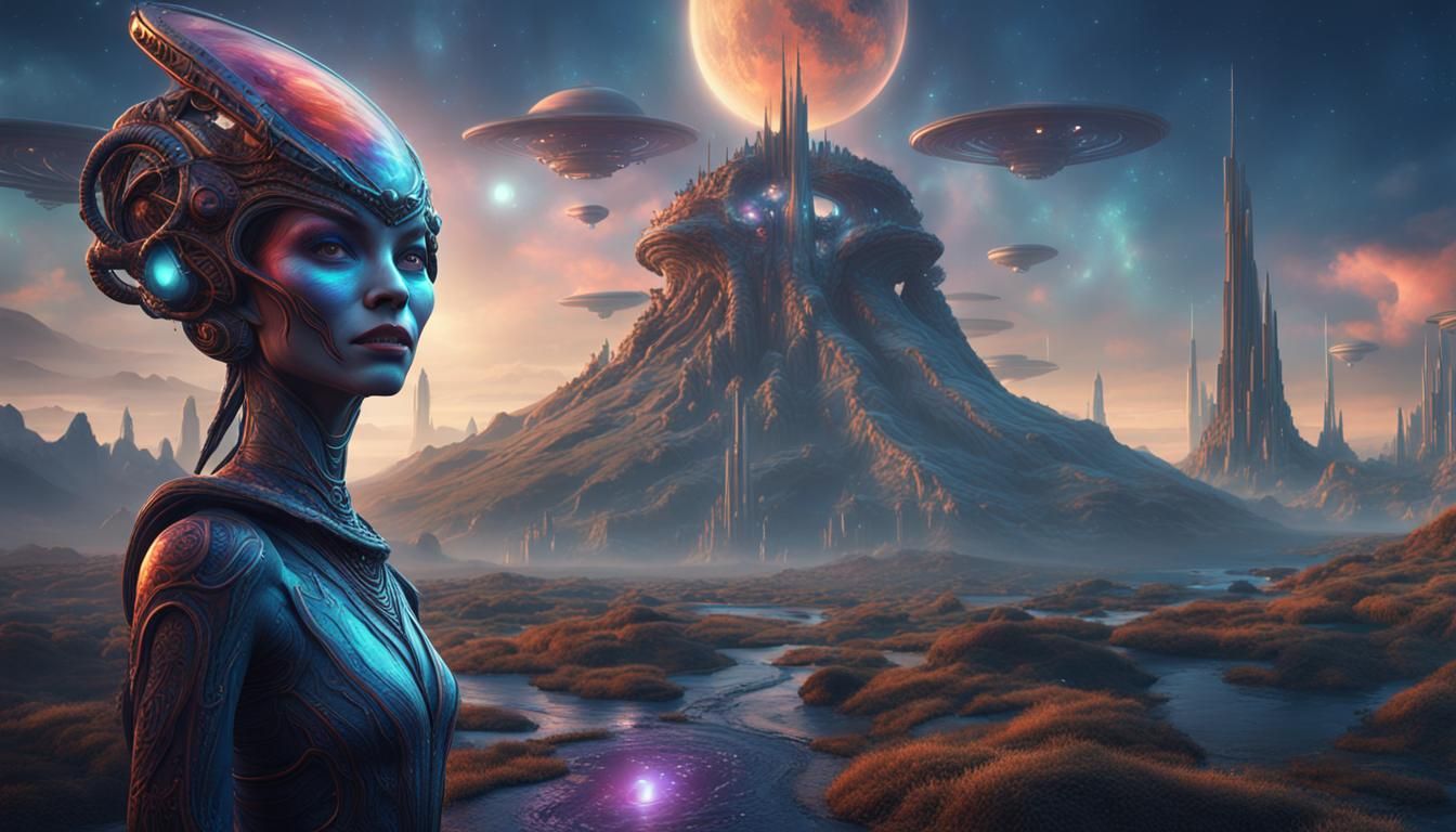 Smiling Extraterrestrial Woman in Detailed Digital Painting