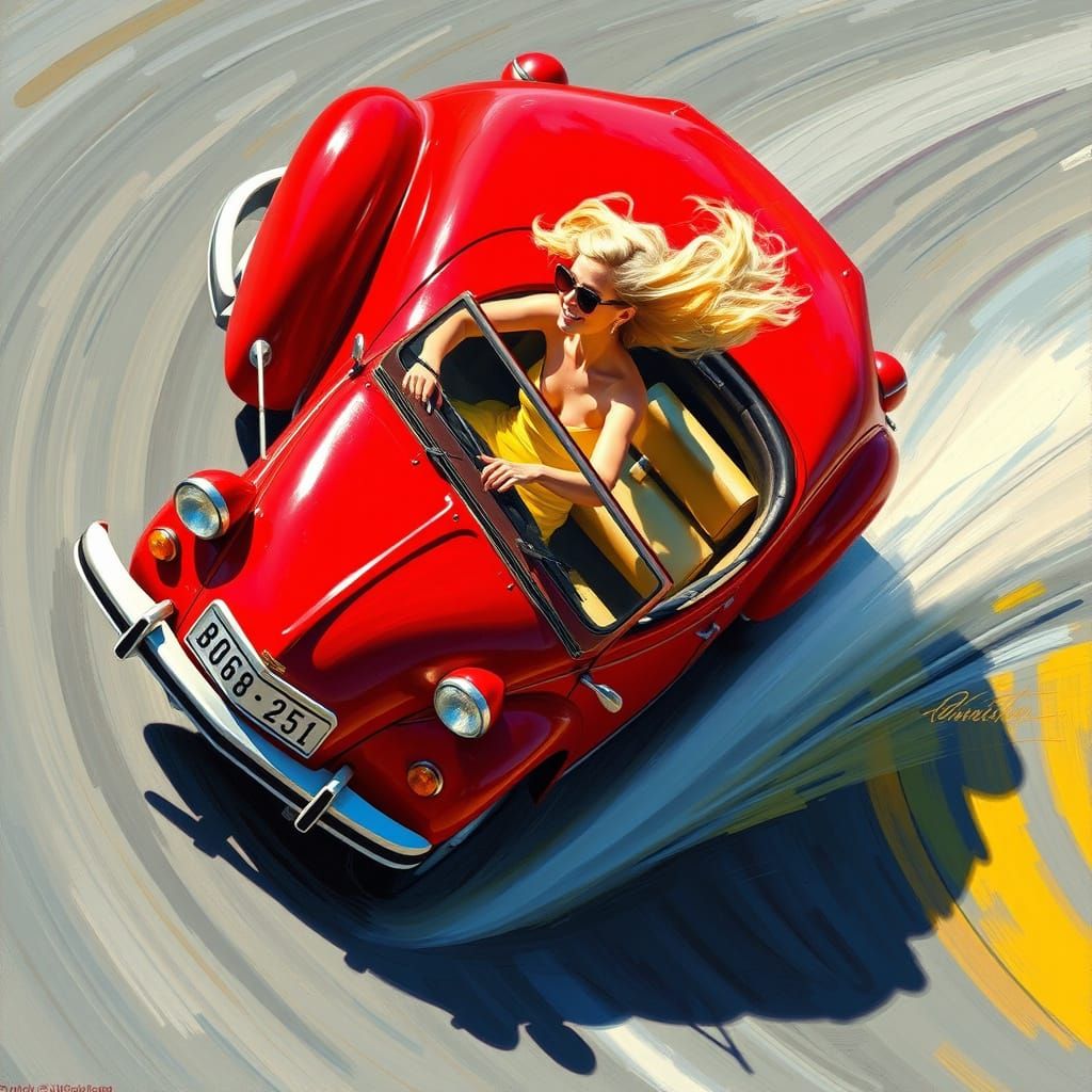 Blonde Woman in Red Convertible, Vibrant Oil Painting
