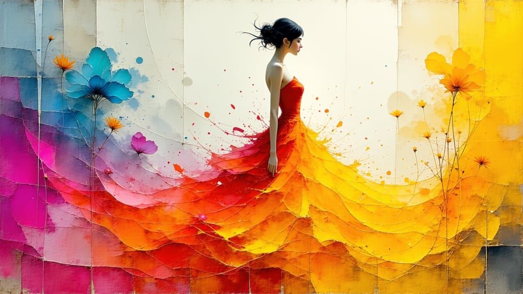 <lora:Akimora:1.0> "A vibrant painting of an elegant woman standing gracefully "looking forward directly at the camera" ...