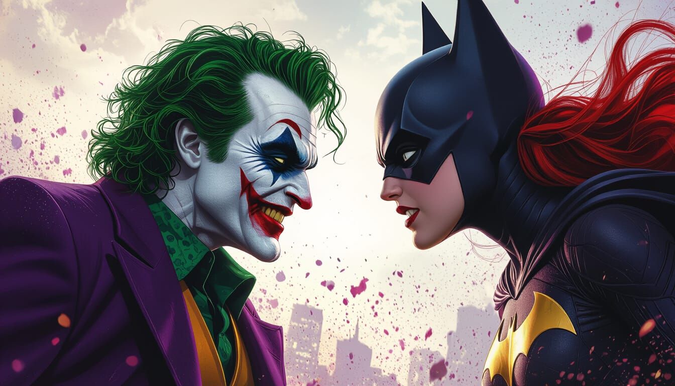 Joker vs Batgirl Dramatic Confrontation Matte Painting