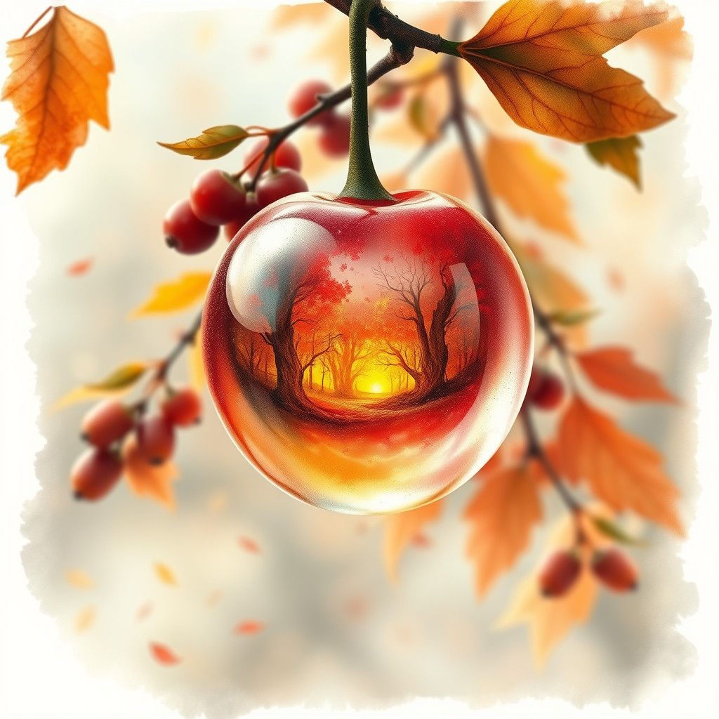 Luminous Glass Cherry Reflecting Autumn Forest