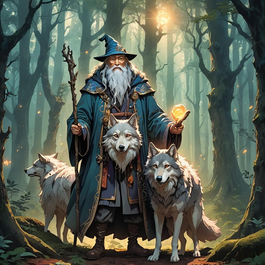 Mystical Wolf Wizard in Vibrant Anime Style
