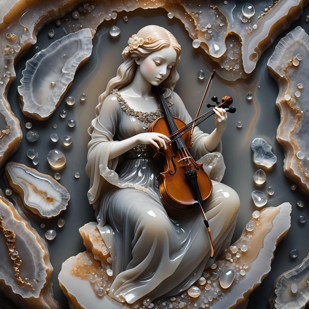 Girl with Violin in Luminous Agate Stone