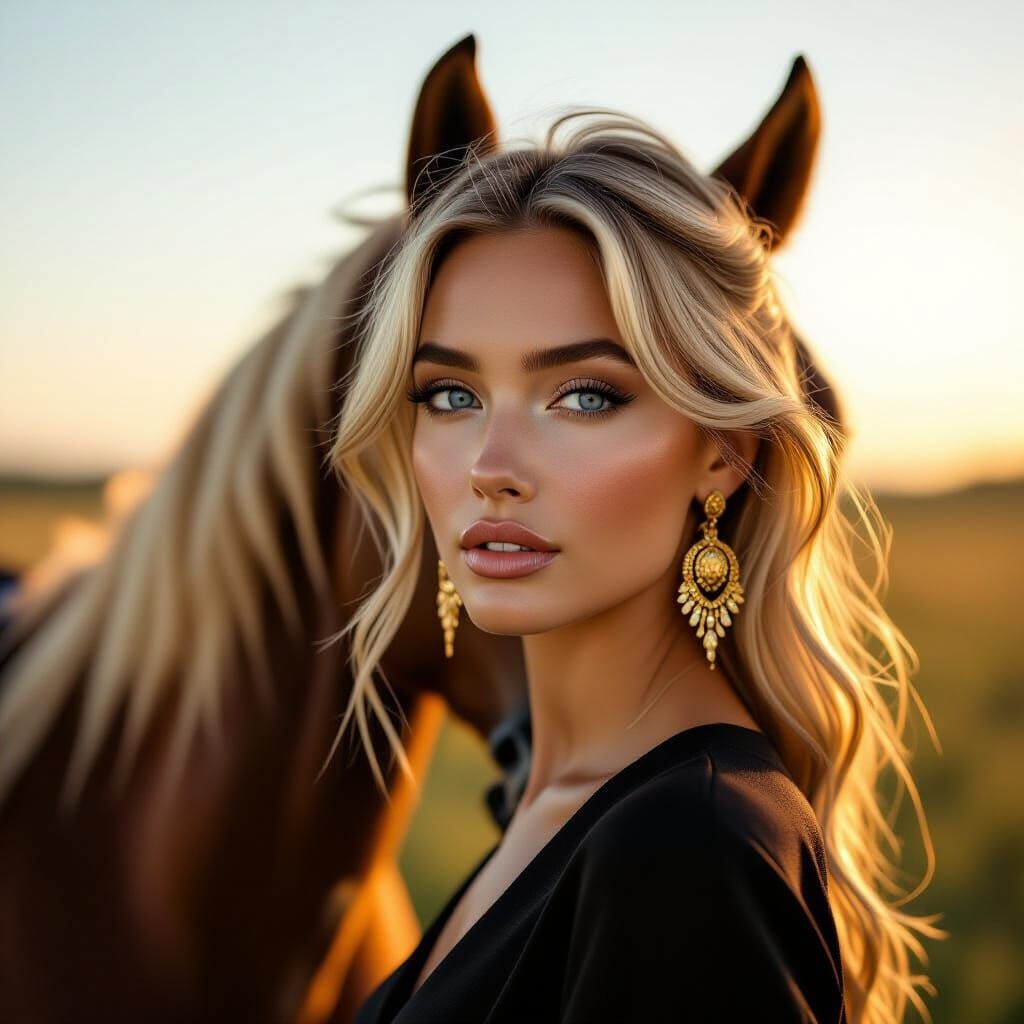 Woman with Horse on Prairie at Golden Hour
