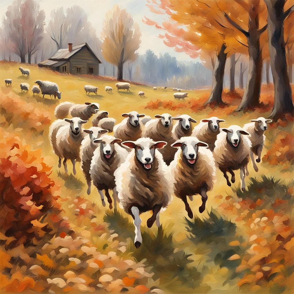Sheepdog Herding Sheep: Gouache Impressionist Autumn Scene