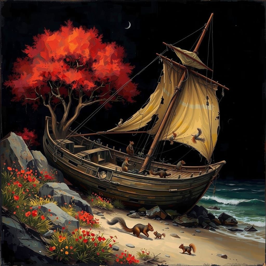 Shipwreck on Rocky Beach in Vibrant Spring Colors