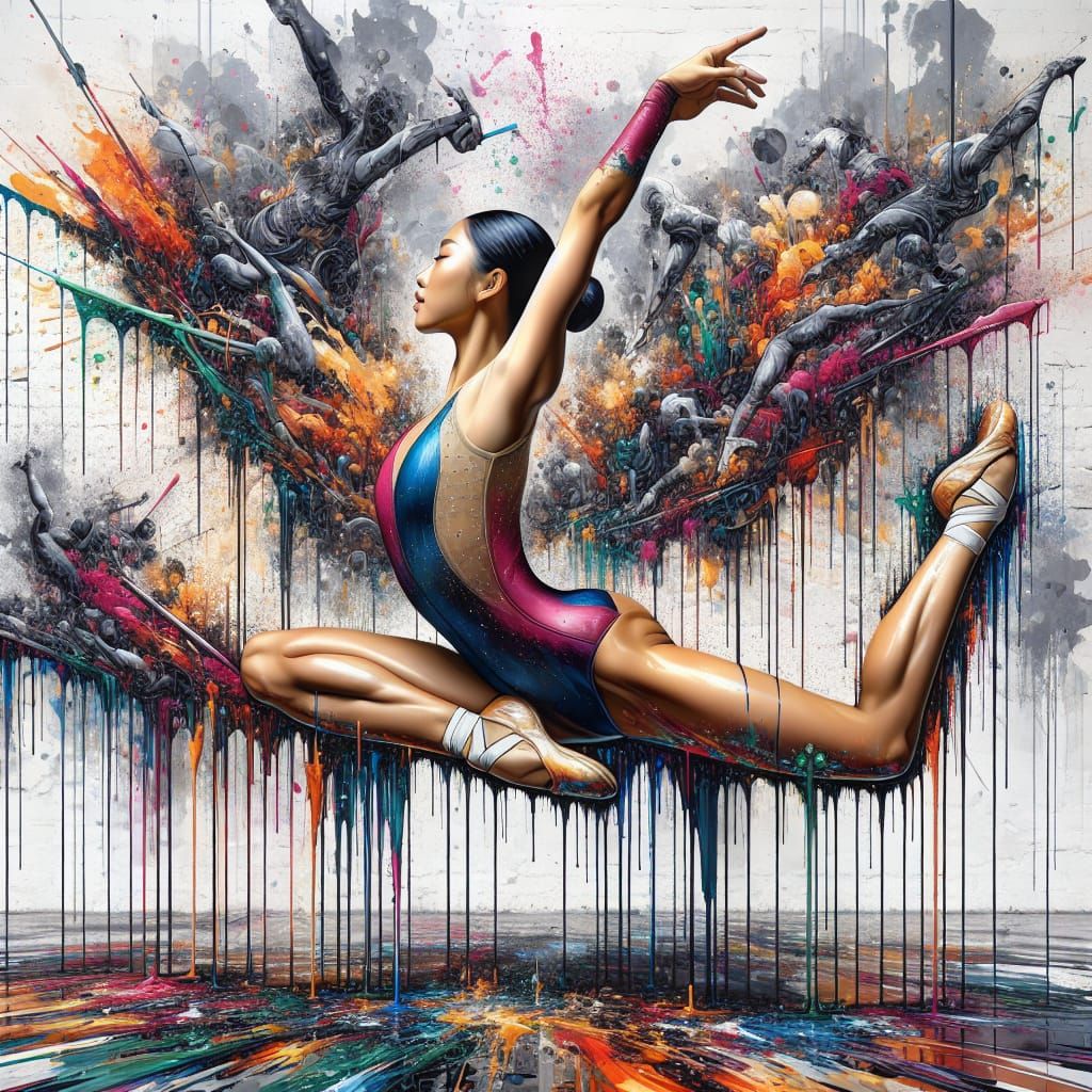 Asian Gymnast's Split Against Urban Street Art